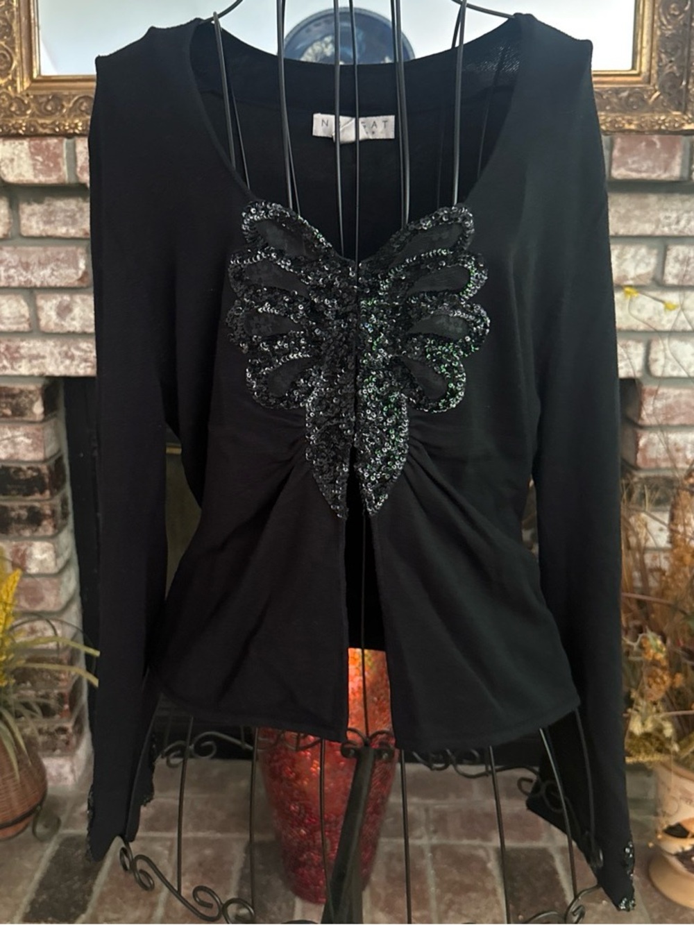 Vtg 90s Nougat London Black Beaded Embellished Long Sleeve Top